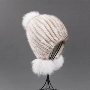 Women's Winter Beanie Hat Genuine Mink Fur Knitted Cap With Earflaps Fox Fur Pom - Picture 1 of 29