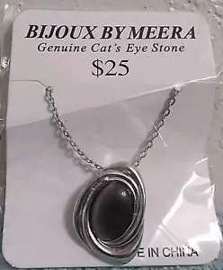 Bijoux by Meera Women's Genuine Cat's Eye Stone Pendant Necklace Silver Tone - Picture 1 of 5