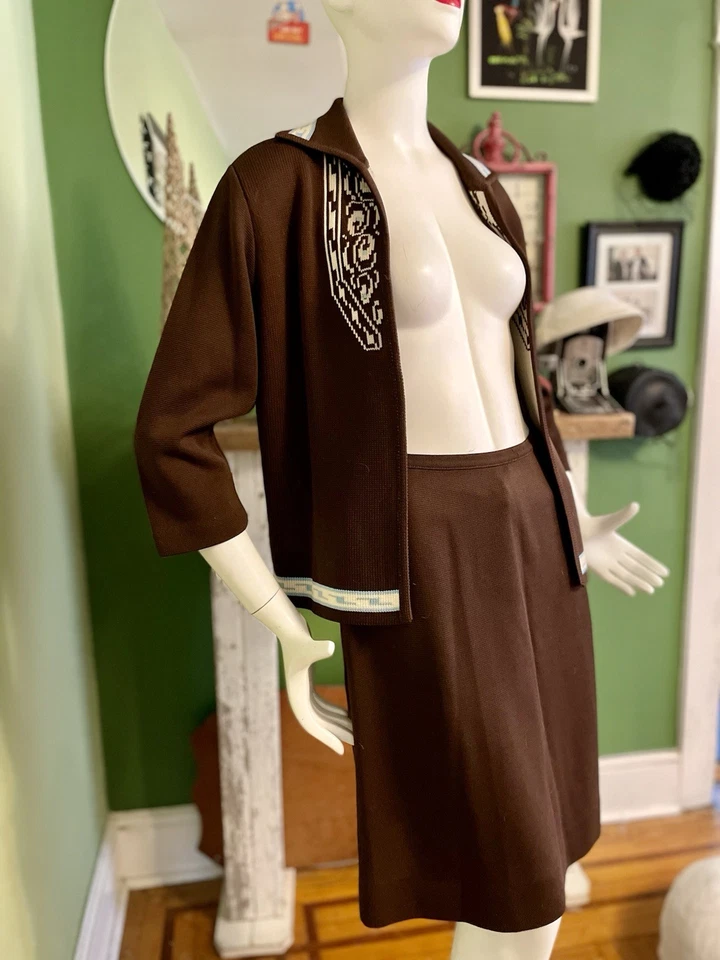 Vintage 1960  Brown Knit Set Cardigan Jacket & Skirt S 26 Waist - Image 1 of 3