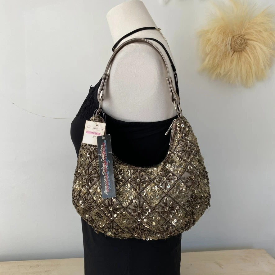 Bolsa de mão feminina vintage design americano com lantejoulas e miçangas enfeitada formatura hoco - Imagem 1 de 4