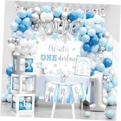 Decoración de 1er cumpleaños Blue Winter Onederland - Banner fotográfico copo de nieve, trona  Foto 1 de 4