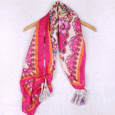 Johnny Was 100% Seda Floral Borla Bufanda Multicolor Boho Cuadrado Envolvente Chal Foto 1 de 4