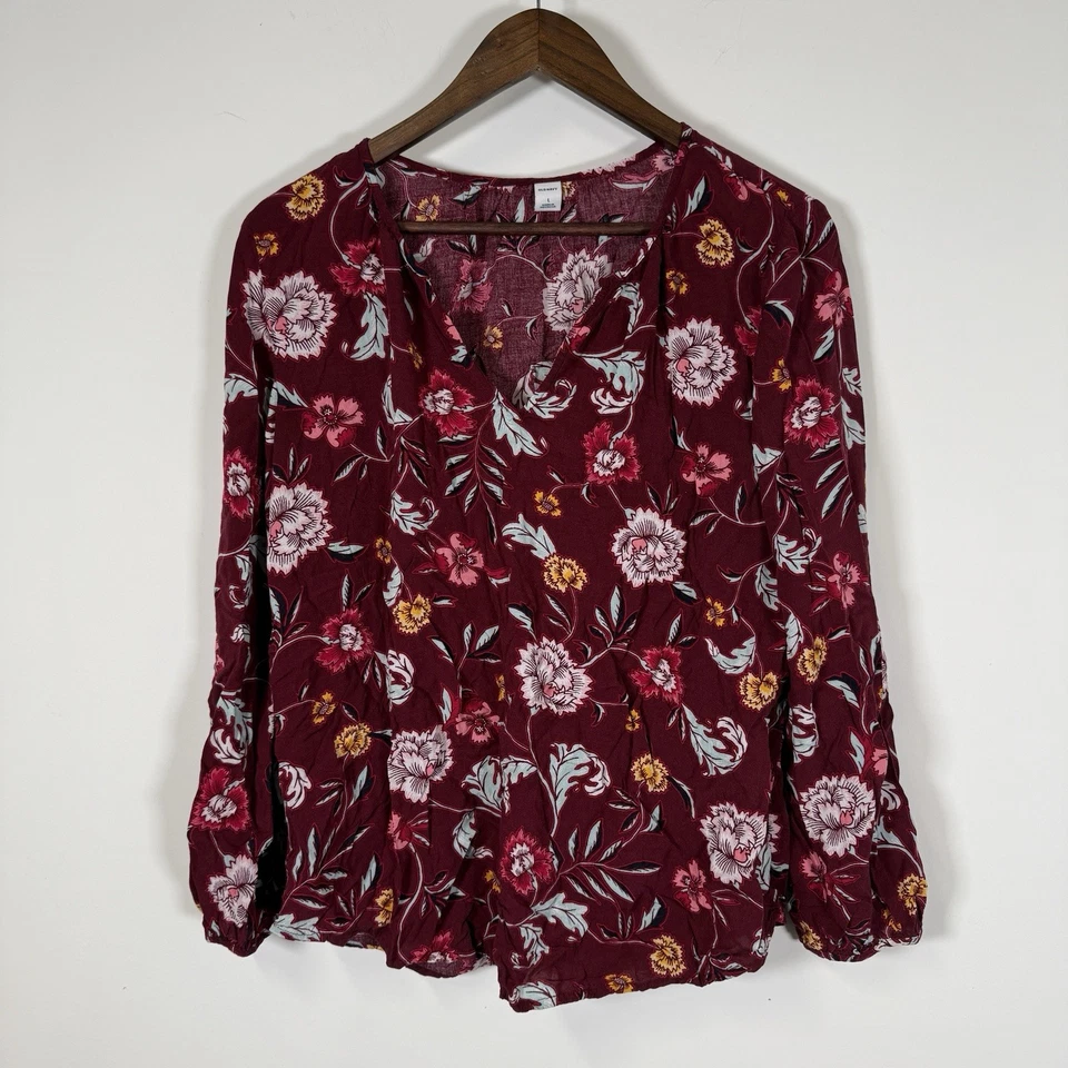 Pullover campesino vintage azul marino manga larga floral borgoña cuello en V grande Foto 1 de 4