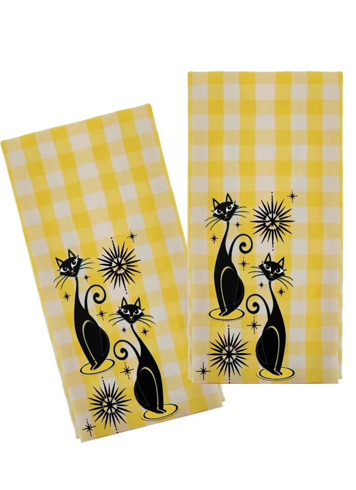 Juego de toallas retro atómicas negras decorativas amarillas cocina mediados de siglo moderno Foto 1 de 1