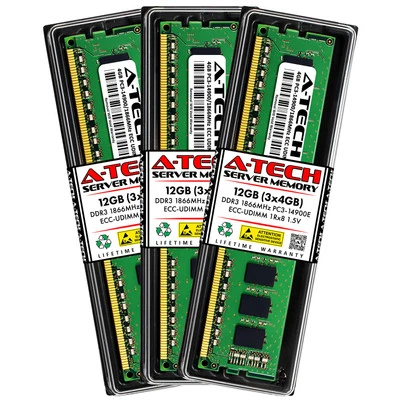 A-Tech 12GB 3x 4GB PC3-14900E ECC Unbuffered DDR3 1866MHz DIMM Server Memory RAM - Image 1 of 4