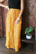 Boho Gypsy Hippy Crinkled Maxi Skirt Golden Border Printed Summer Long Skirts SM