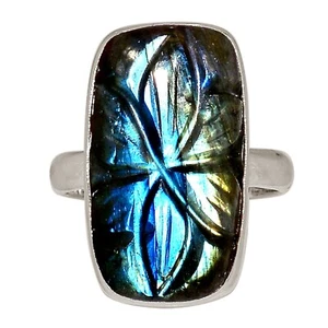 Natural Carving Labradorite - Madagascar 925 Silver Ring Jewelry s.7 ALLR-29973 - Picture 1 of 1