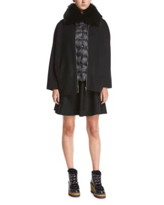 NUEVO CON ETIQUETAS MONCLER BUXUS 2 EN UNO ABRIGO DE LANA Y CUELLO DE PIEL CHALECO CHALECO NEGRO TALLA 4  Foto 1 de 4