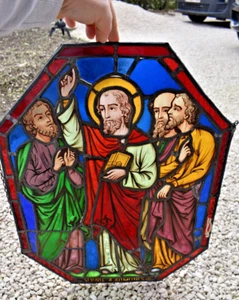 Antique 19thc Stained glass window panel Saint PAul Adoration religious rare - Picture 1 of 8
