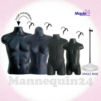 DISPLAYTOWN MALE FEMALE CHILD & TODDLER TORSO MANNEQUIN FORMS SET BLACK +1 STAND + 4 HANGERS