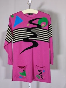 Louis Feraud Set Vintage Sweater Knit Dress Pink New Wave Applique Colorblock 10 - Picture 1 of 4