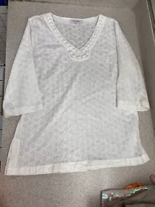 Camicetta donna Ellen Tracy bianca occhiello manica 3/4 scollo intagliato perline taglia L - Foto 1 di 8