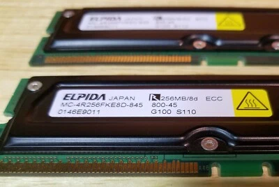 Elpida PC-800 256 MB RIMM 800 MHz RDRAM (Rambus DRAM) Memory (MC-4R256FKE8D-845) - Image 1 of 4