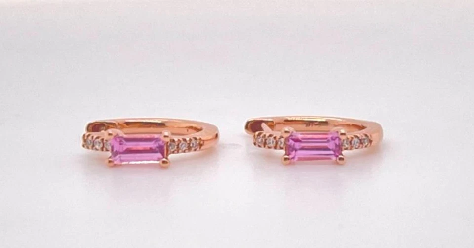 14K Rose Gold 0.35ctw Pink Sapphire & Diamond Huggie Hoop Earrings - Image 1 of 4