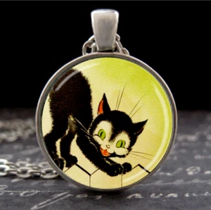 Retro Halloween Jewelry Black Cat Necklace Kitschy Vintage Ephemera Art Pendant - Picture 1 of 3