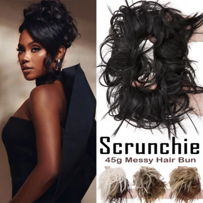 Pieza de moño desordenado cabello real como humano elástico Scrunchie Updo extensiones de cola de caballo EE. UU. Foto 1 de 4