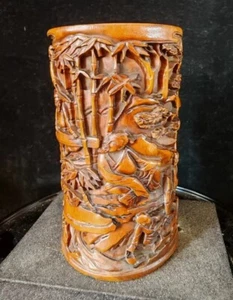 4.0" Collect China Box-Wood Hand Carving Figure “竹林七贤” Statue Brush Pot - Picture 1 of 8