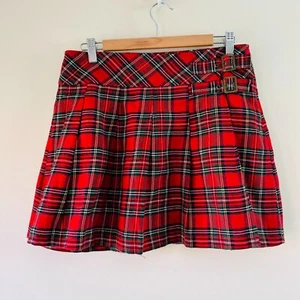 Dangerfield Tartan Mini Flare Skirt Belt Buckle Accent Red Green 10 - Picture 1 of 13