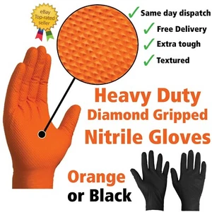 Orange Nitrile Gloves Heavy Duty Diamond Grip Car Disposable Latex Powder Free - Picture 1 of 7