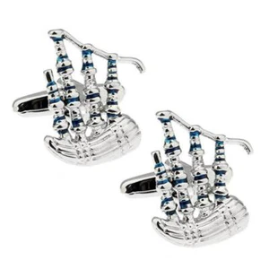 BAGPIPES CUFFLINKS Scottish Wedding Blue Enamel Accents Scotland NEW w GIFT BAG - Picture 1 of 6