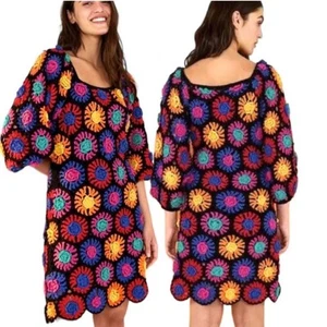 Farm Rio XS Crochet Flower Mini Dress Granny Squares Knit Retro Boho Colorful - Picture 1 of 11