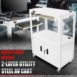 42" Verstellbar Stahl Medien AV Wagen Steckdosenleiste USB Ports Abschließbar Schrank Weiß - Bild 1 von 7