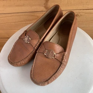 Lauren Ralph Lauren Women’s 9.5 B Leather Mocs Carley Tan Slip Ons Flats *wear* - Picture 1 of 9