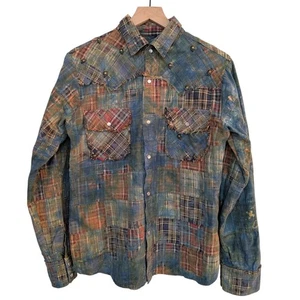 Custom Distresssed Studded Yolk Patchwork Madras Plaid Western Shirt - Picture 1 of 9