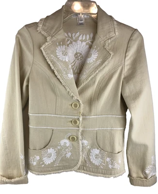 Chaqueta DE COLECCIÓN WHITE HOUSE BLACK MARKET Beige Denim Bordada Flecos Talla 4 Defecto Foto 1 de 4