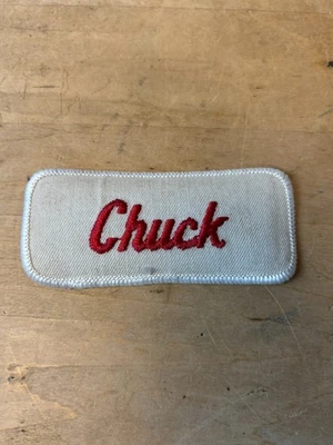 Vtg 70s CHUCK Sew On Embroidered Clothing Jacket Uniform Name Patch RED & WHITE - Image 1 of 3