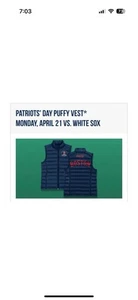 BOSTON RED SOX Adult Puffy Vest Size XL Patriots Day SGA 4/21/25 - Picture 1 of 3