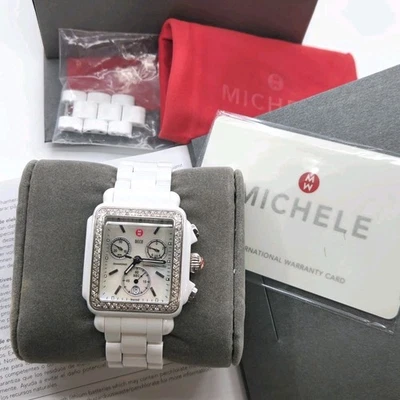 Michele Deco Ceramic Diamonds Chronograph MWW06F00002 Women's Watch Full Set  - Image 1 of 4