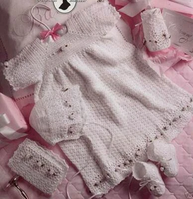 Christening Ensemble: thread crochet long or short gown bonnet booties bib more - Image 1 of 4
