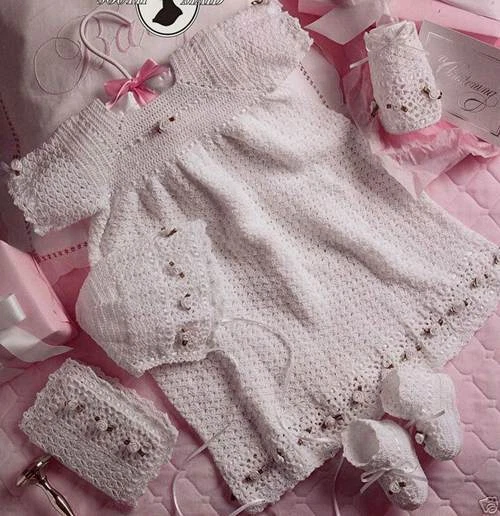Christening Ensemble: thread crochet long or short gown bonnet booties bib more - Image 1 of 4