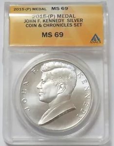 2015 (P) SILVER JOHN F KENNEDY JFK 1 OZ COIN & CHRONICLES MEDAL ANACS MS 69 - Picture 1 of 2