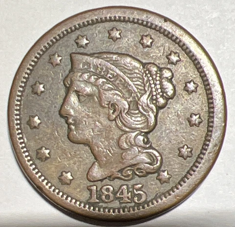 VF 1845 Braided Hair Large Cent -Very Fine -US Type Coin- Coin Shown Ships A1 Cover