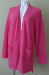 NWT 360 CASHMERE Skull Cashmere Open Front Cardigan Mixed Knit Pockets Sz L Pink - Picture 1 of 12