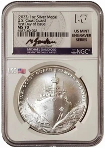 2022-S 1 Oz Silver US COAST GUARD NGC MS70 FDOI Michael Gaudioso Signature Medal - Picture 1 of 6