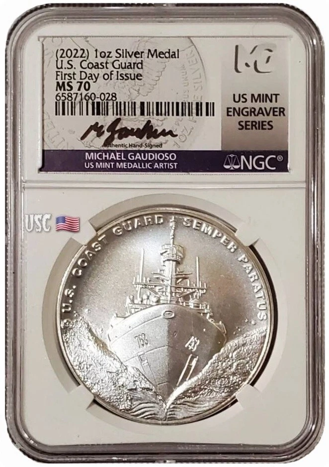 2022-S 1 Oz Silver US COAST GUARD NGC MS70 FDOI Michael Gaudioso Signature Medal - Image 1 of 4