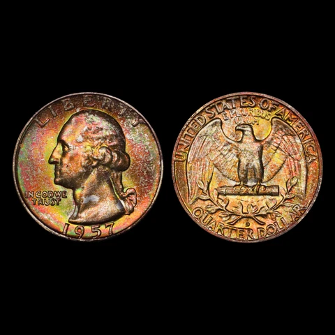 1957-D Washington Quarter PCGS MS66 - Lovely Dual Sided Rainbow Toning Cover