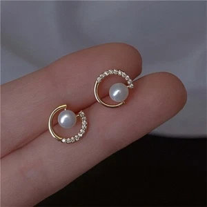  New Hollow Circle Imitation Pearl Stud Earrings For Women Zircon CZ Rhinestones - Picture 1 of 6