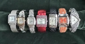Set Of 7 Vintage Geneva Bangle Cuff Watches;Silver Toned Faux Leather;NEED Batts - Picture 1 of 24
