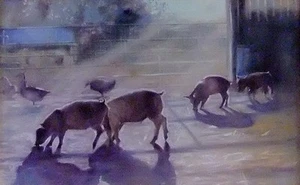 ORIGINAL BRIDGET ASKEW "Sunlight Shadows Piglets Ducks" Landscape Oil PAINTING - Picture 1 of 1
