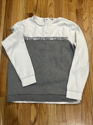 Calvin Klein 灰色白色运动衫小号男式修身拼字套衫 — 第 1/4 张图片