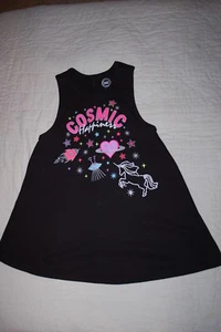 Girls BLACK RIBBED TANK TOP Flared COSMIC HAPPINESS Unicorn Rocket SIZE XS S M - Picture 1 of 1