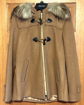 NINE WEST NEW FAUX TRIM HOODED TOGGLE PEA COAT WOMENS SIZE M MEDIUM BEIGE - Image 1 of 4