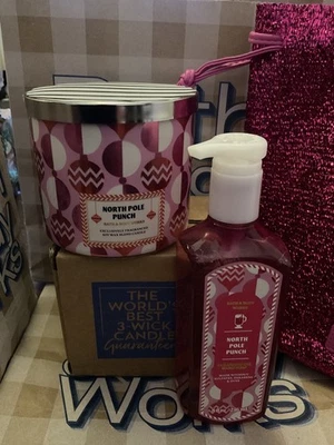 Bath & Body Works NORTH POLE PUNCH  3 WICK CANDLE & HAND GEL SOAP  14.5 oz SET - Image 1 of 4