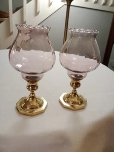 Pair Baldwin Polished Brass 3" Candle Stick Holder w/Purple Round Fluted Glass - Picture 1 of 8