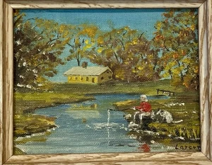 Vintage Original Oil Painting Woman & Dog Fishing Cabin Fall New England Larsen - Picture 1 of 7