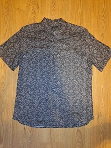 LINEN Structure Button Up Shirt Medium Brown Gray Floral - Picture 1 of 6